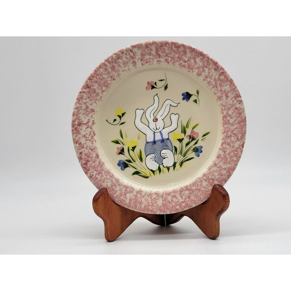 Vintage Happy Bunny Plate Garden White Rabbit Pink Spongeware Handmade Patton - Picture 8 of 8